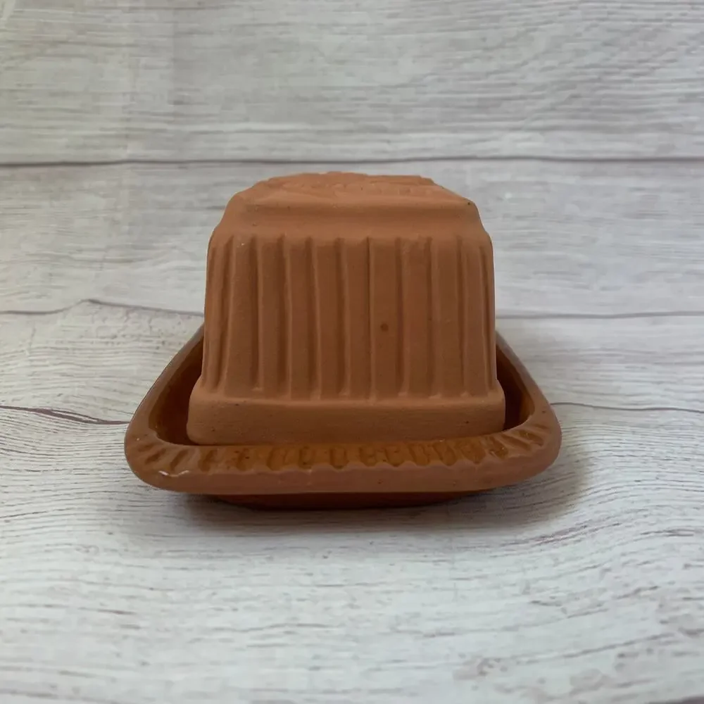 Vintage Terracotta Butter Dish Floral Textured Lid by American Container Co.